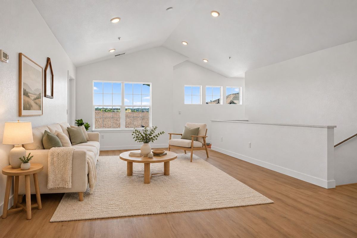 Living room with a vaulted ceiling in a Flowergate plan at Hunters Chase
