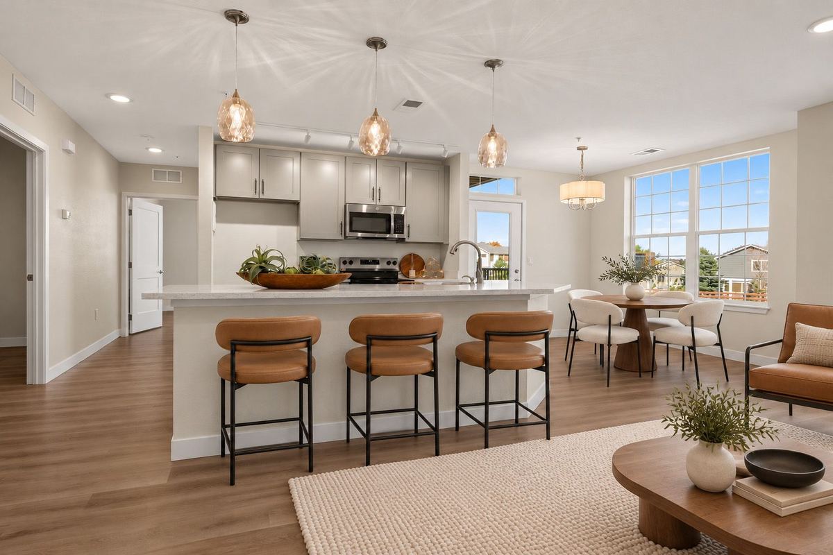 Kitchen with gray cabinets and a quartz island opening to the living room at Hunters Chase