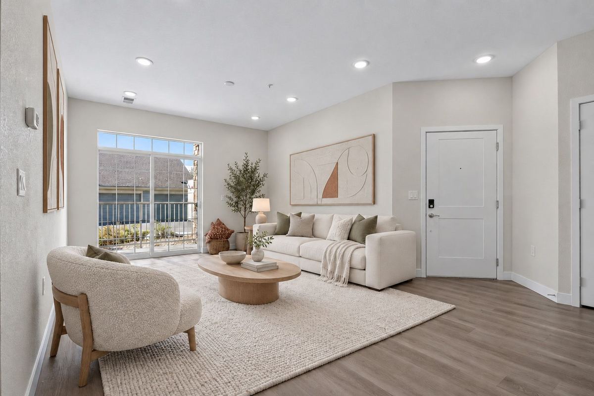 Living room with windows and the front entry in a Hunters Chase condo