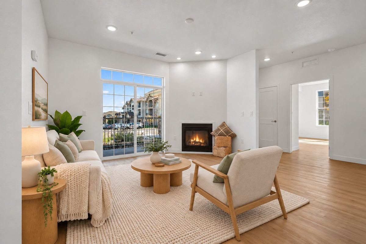 Living room with a fireplace and patio door at Hunters Chase