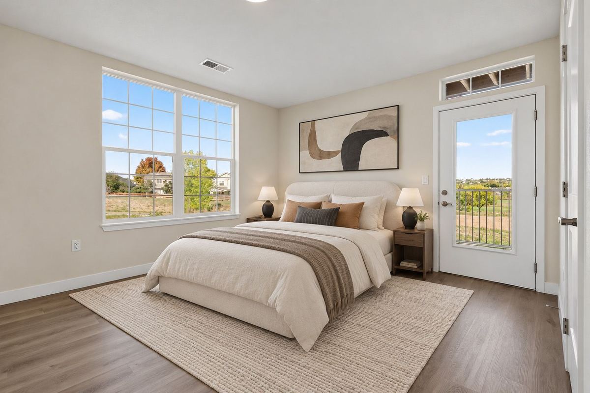 Bedroom with a door to the balcony at Hunters Chase