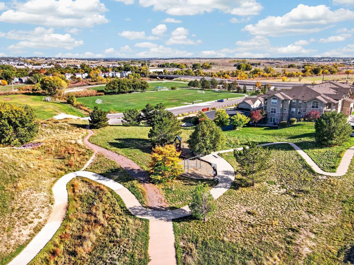 Aerial view of Hunters Chase and the trails and open space of Stroh Ranch in Parker, CO