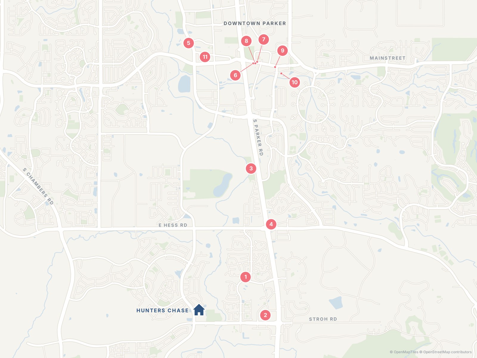 Map of places near Hunters Chase at Stroh Ranch in Parker, Colorado, including Creekside Recreation Center, King Soopers, McCabe Meadows and downtown Parker