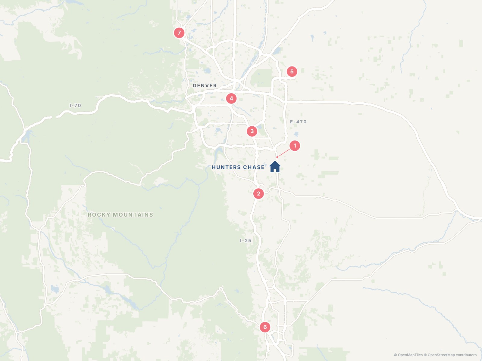 Map of Denver-area destinations from Hunters Chase in Parker, Colorado, including Castle Rock, the Denver Tech Center, downtown Denver, Denver International Airport, Colorado Springs and Boulder