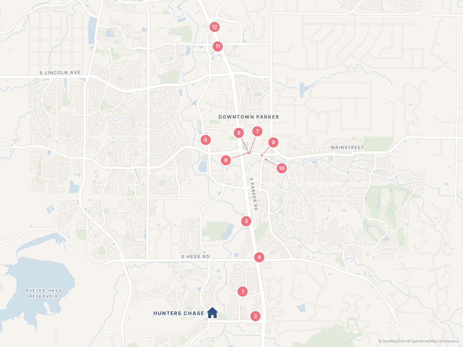Map of places near Hunters Chase at Stroh Ranch in Parker, Colorado, including Creekside Recreation Center, King Soopers, McCabe Meadows, downtown Parker, In-N-Out and La Loma