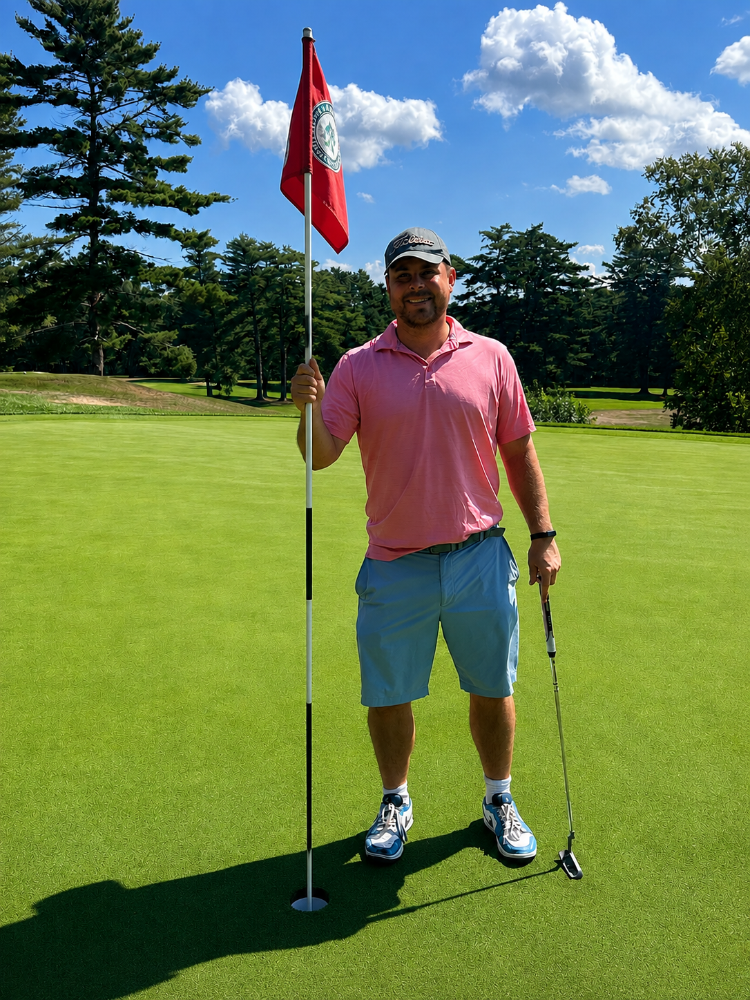 Adam Bradshaw holding the flagstick on a sunny golf green