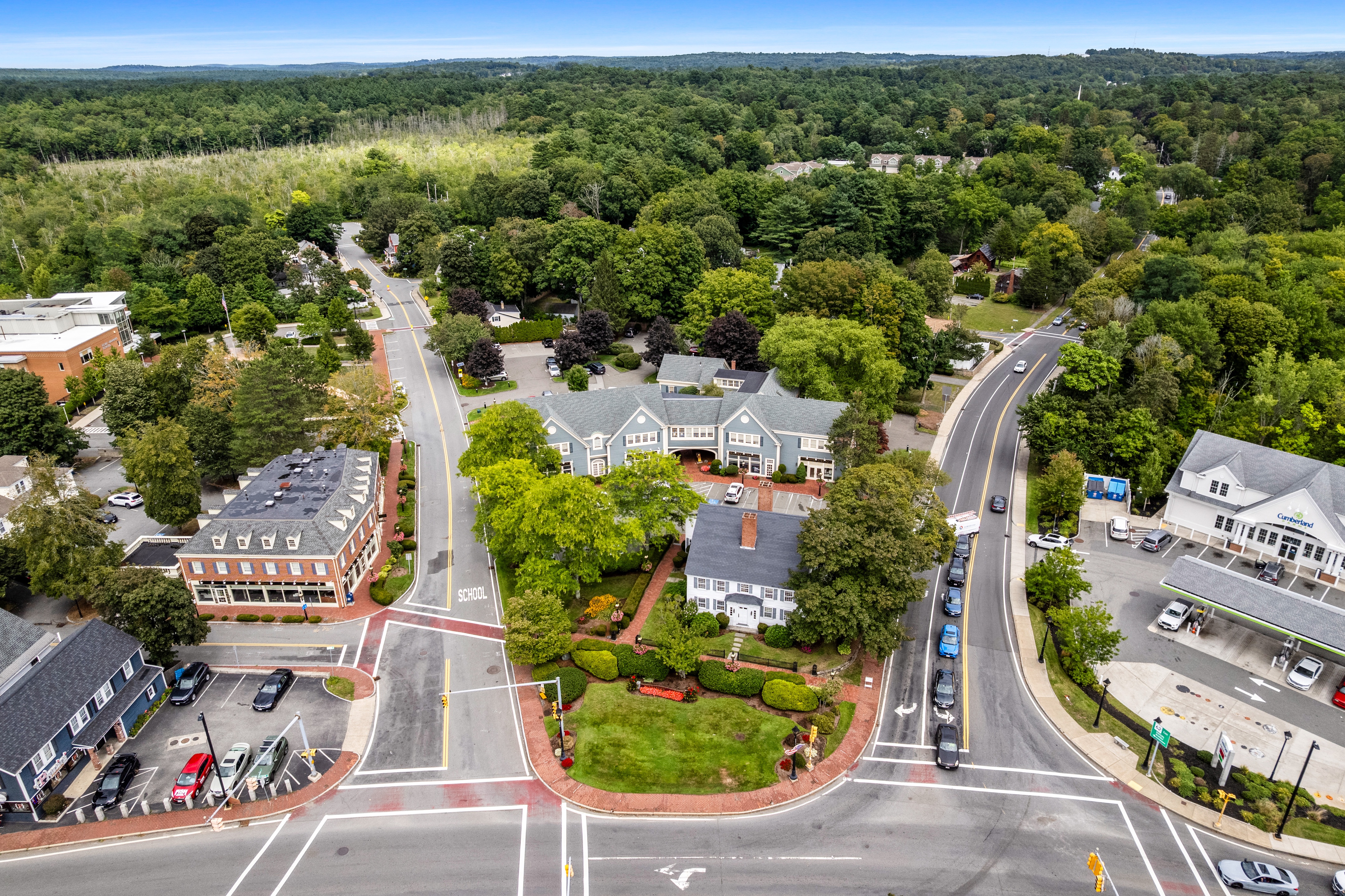 Ipswich Bridge over Ipswich River aerial view on Central Street in spring at town center of Ipswich, Massachusetts MA