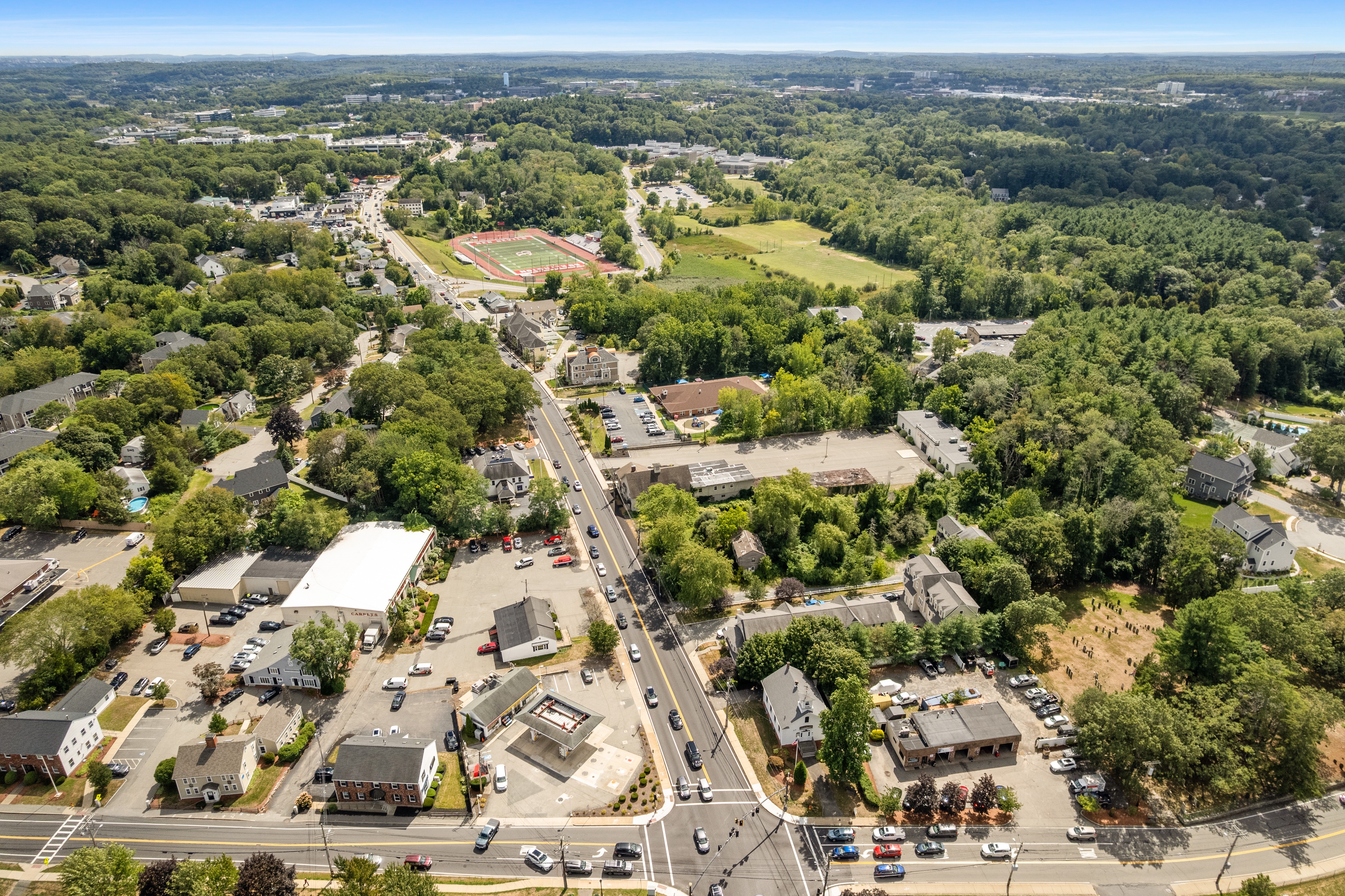 Burlington historic town center aerial view including Town Common, Town Hall in summer, town of Burlington, Massachusetts MA