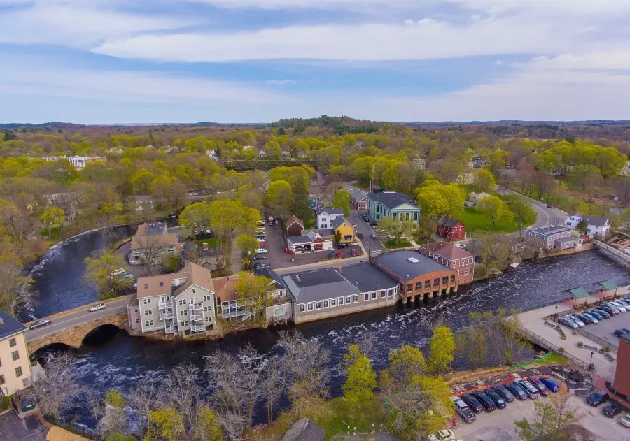 Ipswich Bridge over Ipswich River aerial view on Central Street in spring at town center of Ipswich, Massachusetts MA