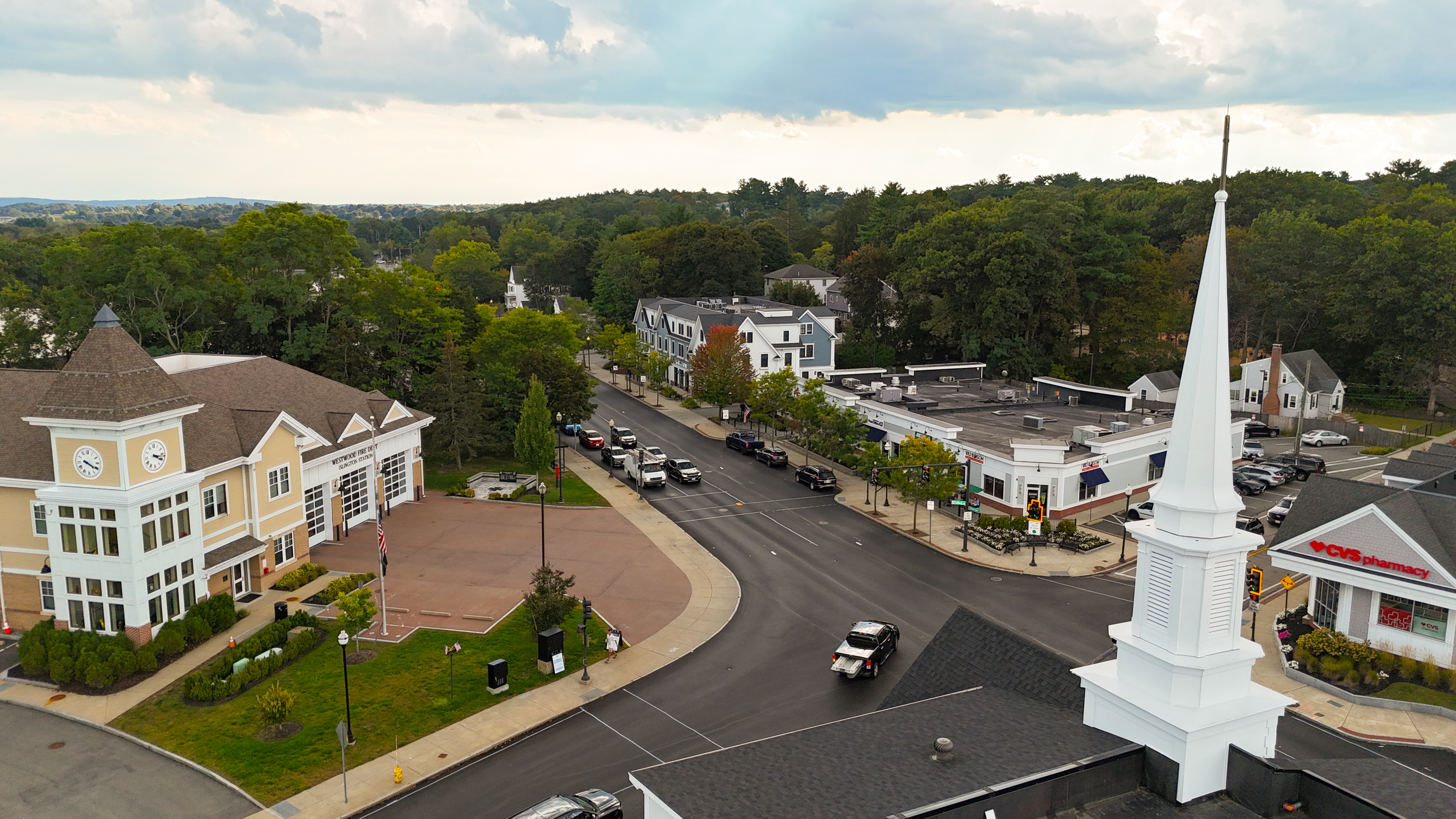 Westwood historic town center aerial view on High Street at fall in town of Westwood, Massachusetts