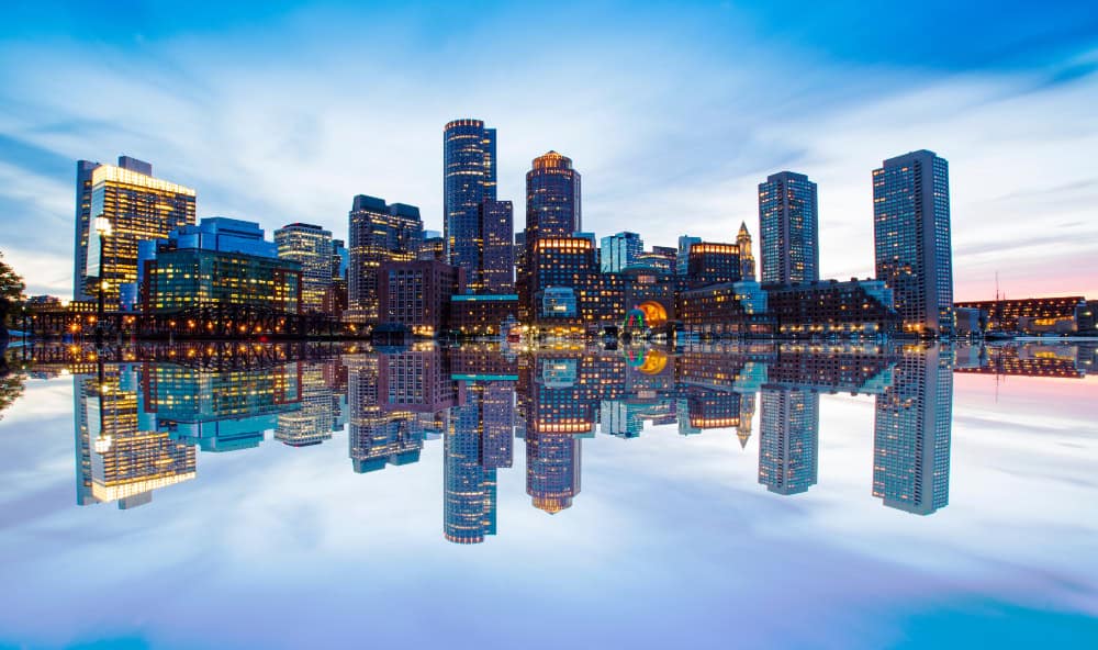 Boston Skyline from Downtown Harborwalk at Night