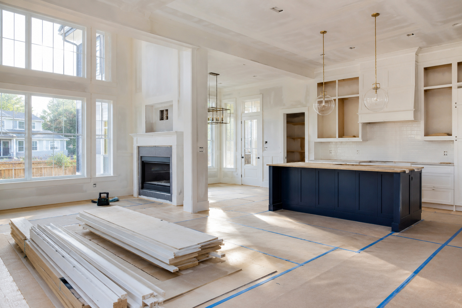 New construction home interior nearing completion with an unfinished kitchen and living area