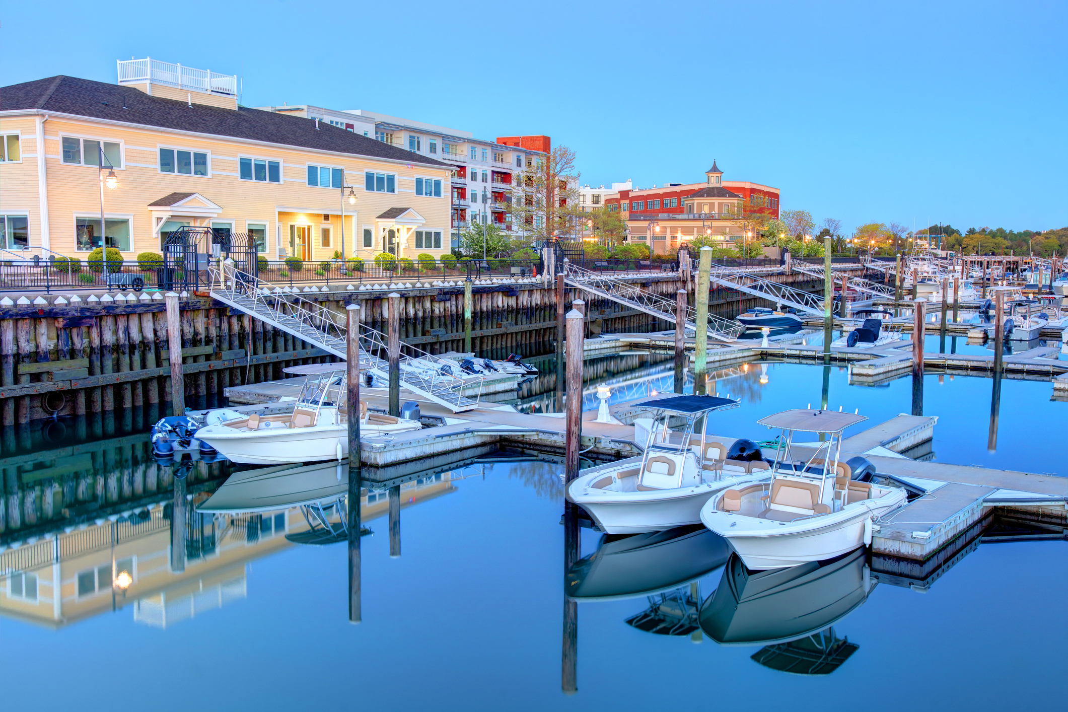 Hingham Harbor panorama aerial view in Hingham near Boston, Massachusetts