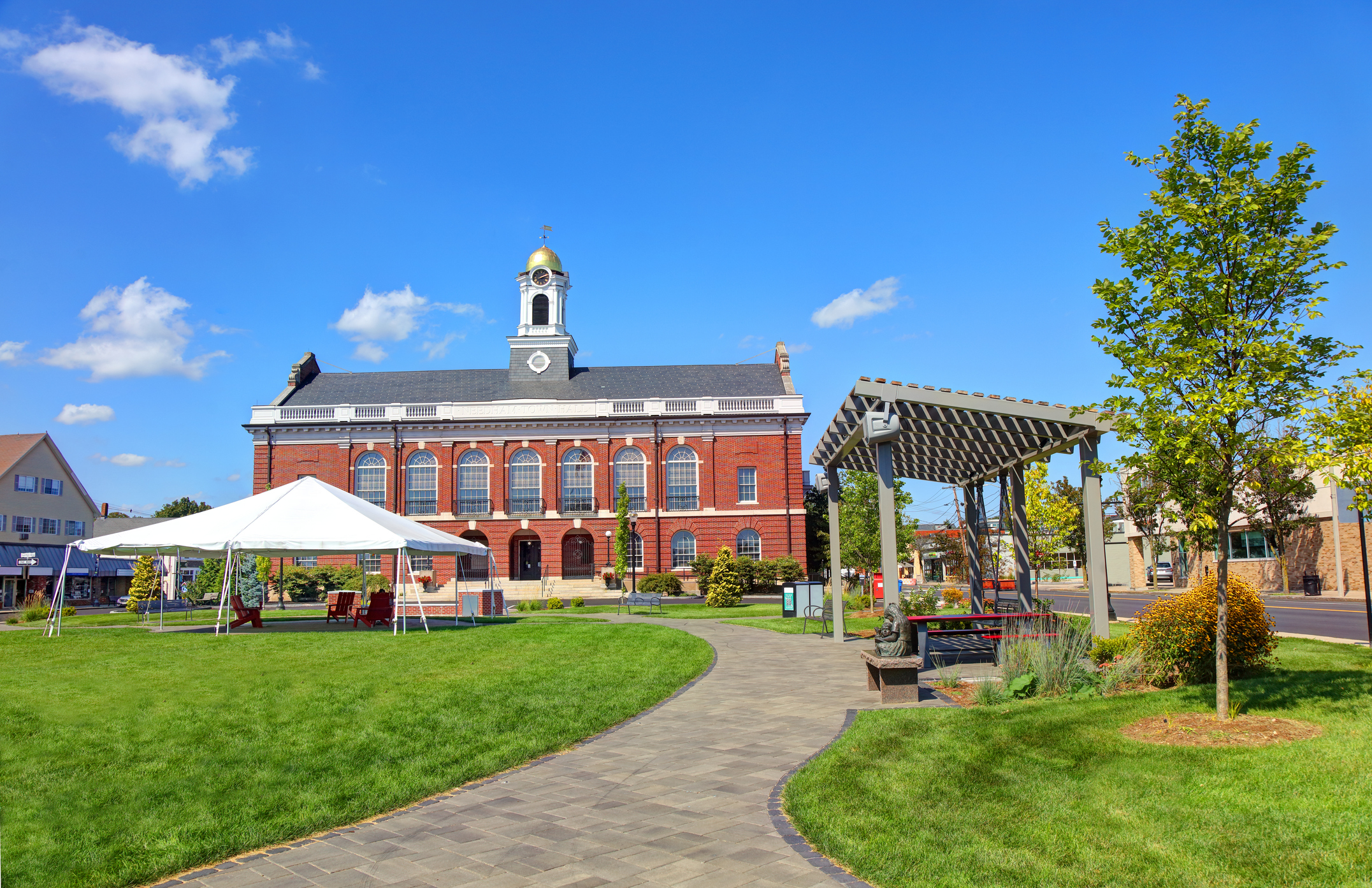 Town Hall and Historic building aerial view in Needham, Massachusetts