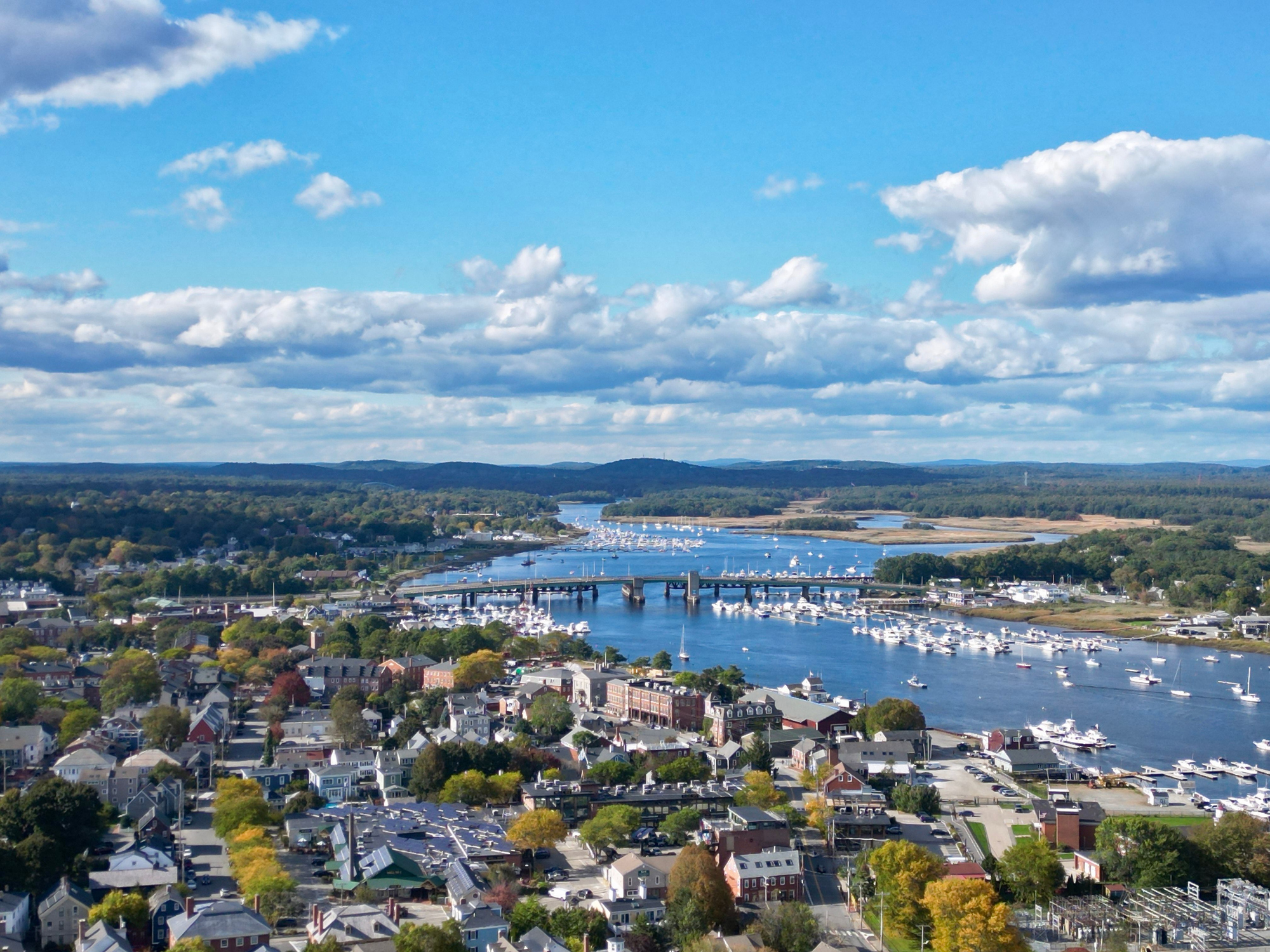 Newburyport historic downtown including State Street and First Religious Society Unitarian Universalist Church with Merrimack River at the background aerial view, Newburyport, Massachusetts, MA