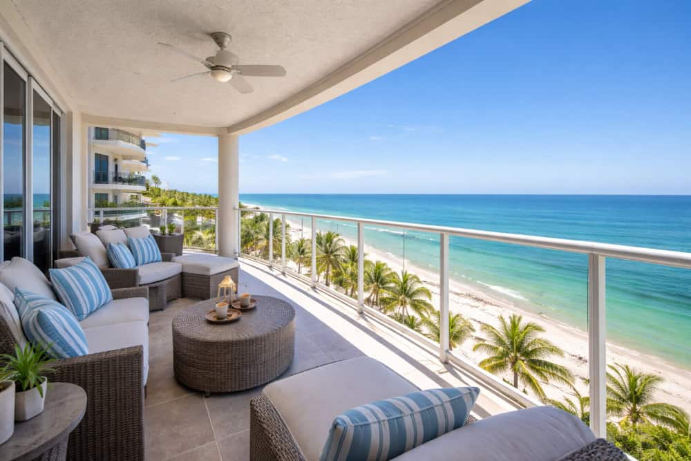 Condo balcony overlooking Sanibel Island beach and turquoise Gulf waters with palm trees and outdoor seating.