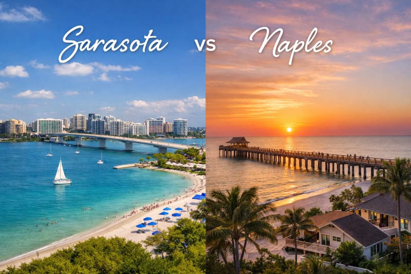 Sarasota and Naples Florida waterfront comparison with skyline, beach, and pier at sunset