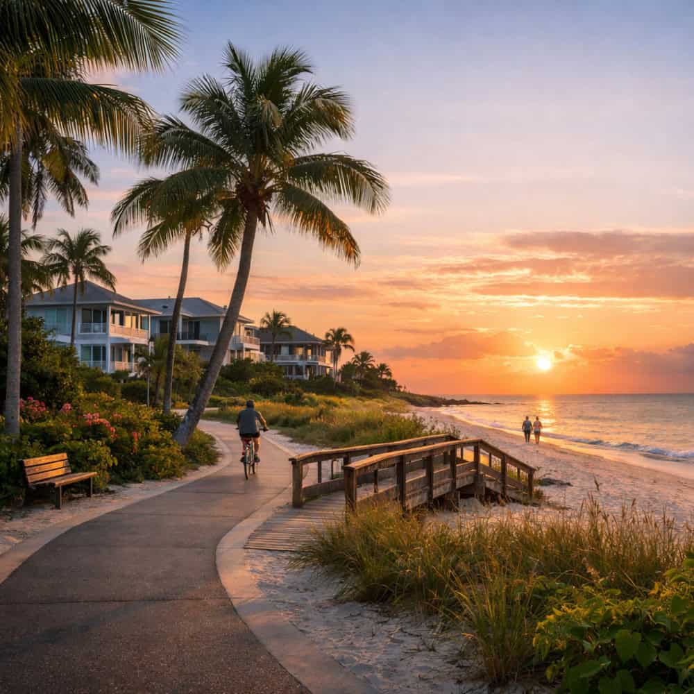 A sunrise view along one of Sanibel Island’s coastal bike paths near the Gulf shoreline.